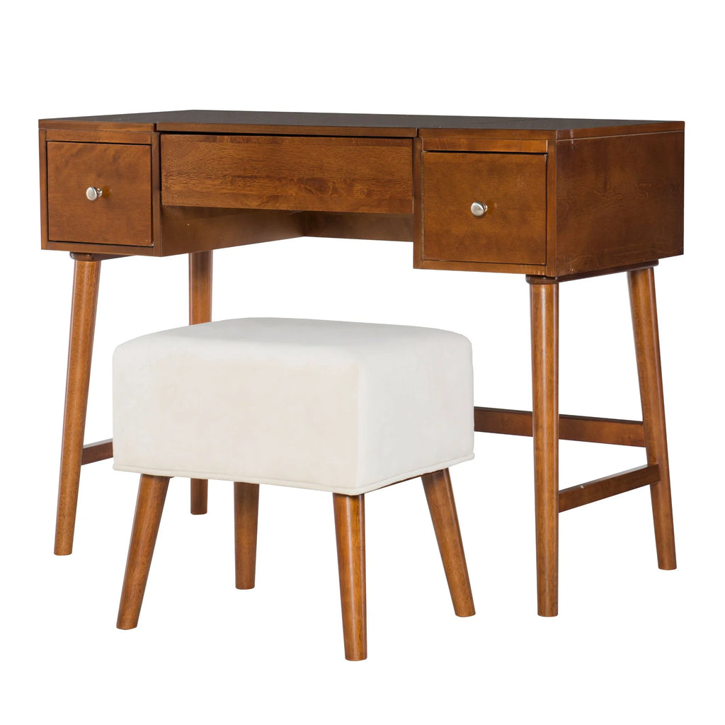 Walnut Brown Mid Century Vanity Set with Mirror and Stool M41896