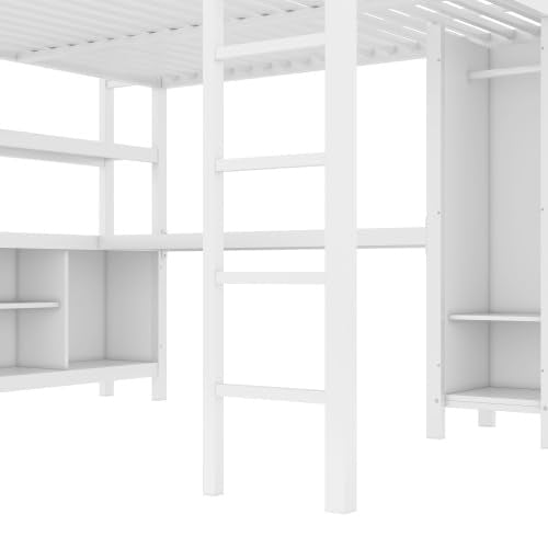 White Full Size Metal Loft Bed with Wardrobe and Desk A565146