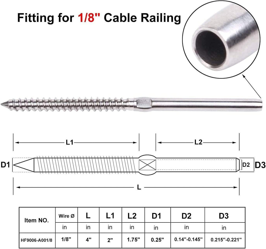 72 Pack T316 Stainless Steel Swage Lag Screws for 1/8 Cable Railing H72058