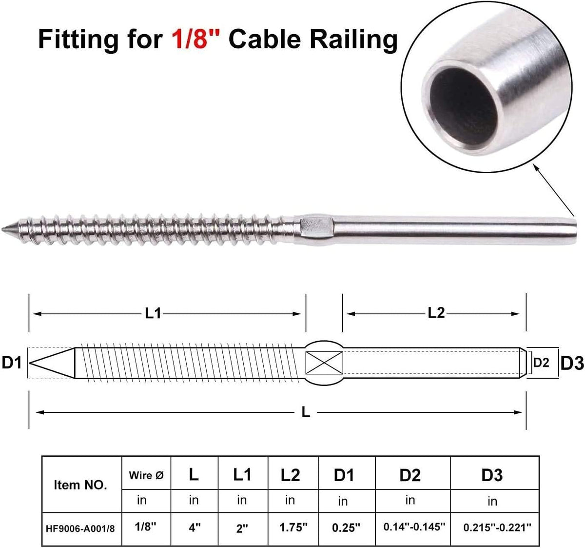 72 Pack T316 Stainless Steel Swage Lag Screws for 1/8 Cable Railing H72058