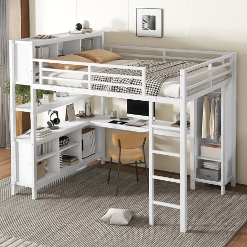 White Full Size Metal Loft Bed with Wardrobe and Desk A565146