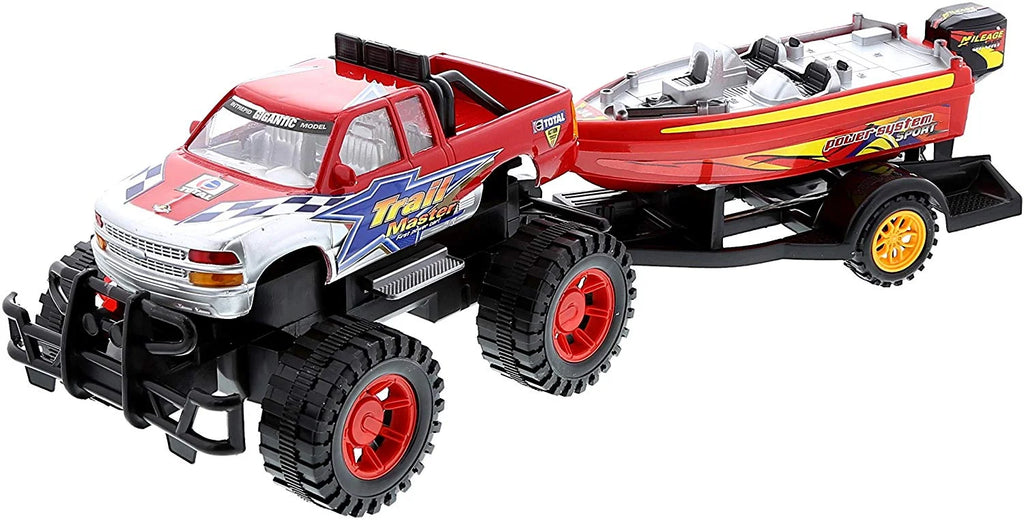 Red Black 9 Inch Truck with Detachable Trailer and 10 Inch Boat Friction Push Powered Playset Y956