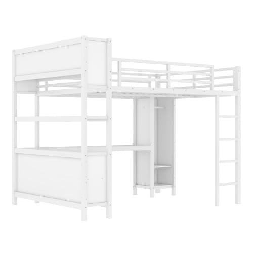 White Full Size Metal Loft Bed with Wardrobe and Desk A565146