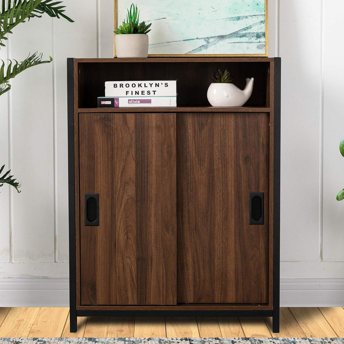 Brown Floor Storage Cabinet with Double Doors and Adjustable Shelf G30330