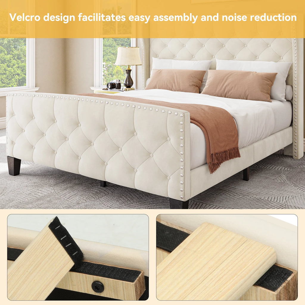 Queen Size Grey Velvet Upholstered Platform Bed Frame L575469