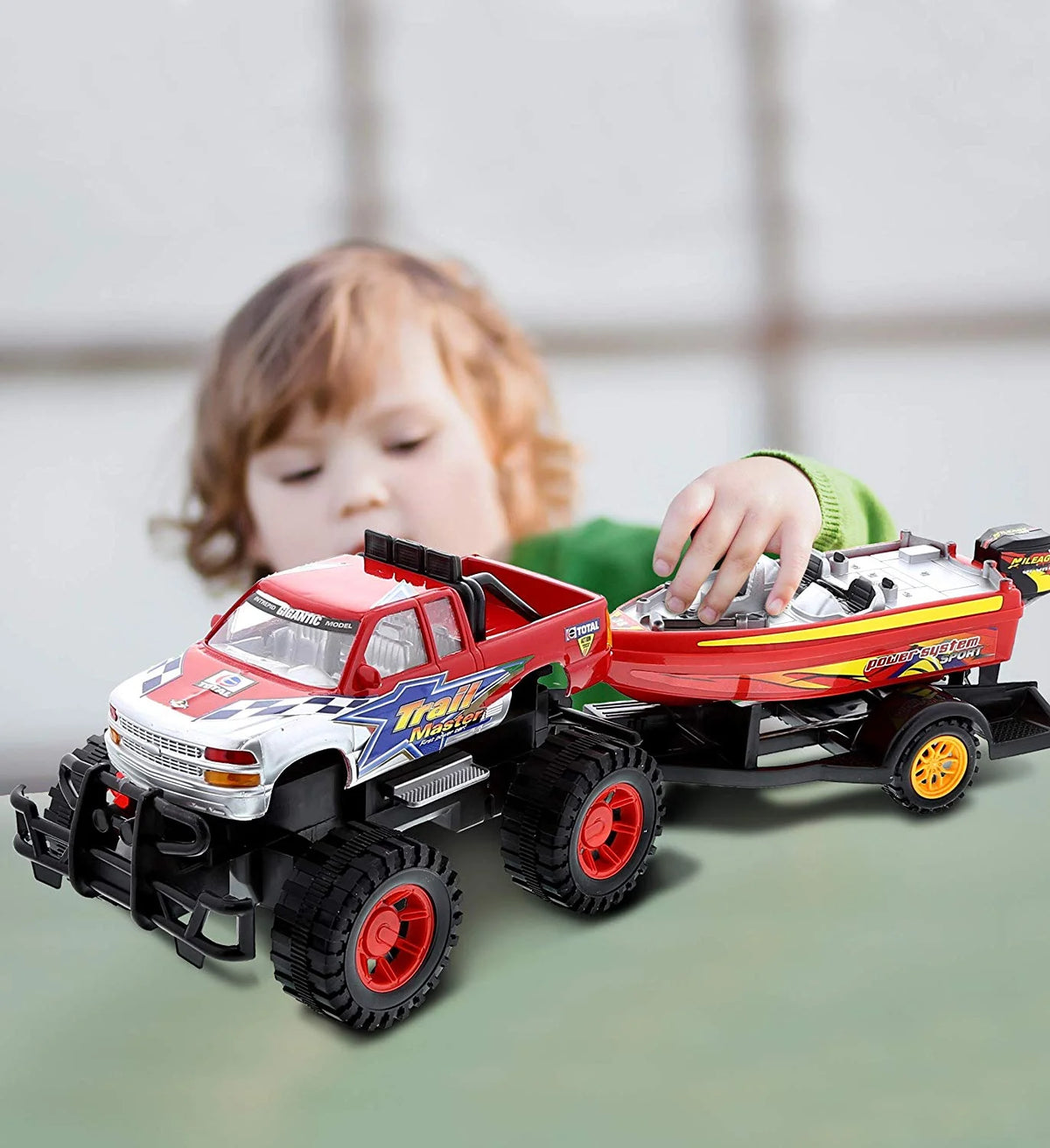 Red Black 9 Inch Truck with Detachable Trailer and 10 Inch Boat Friction Push Powered Playset Y956