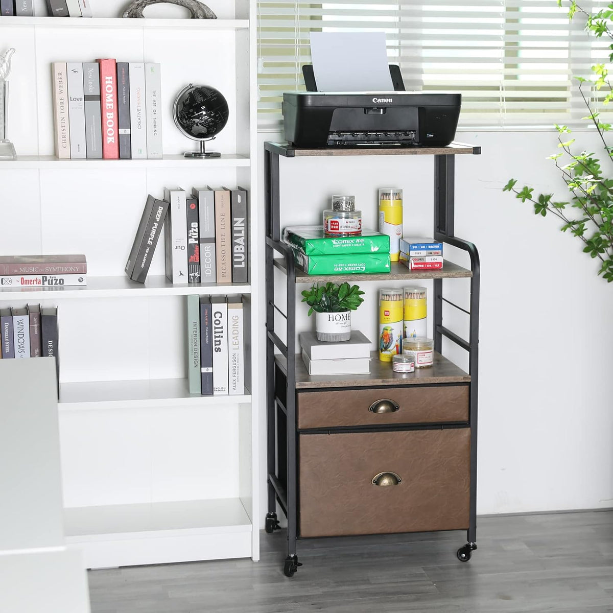 Mobile Printer Stand with File Cabinet, 3 Tier Rolling Cart with 2 Drawers Y58656