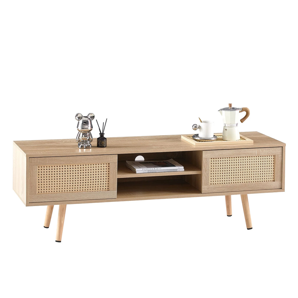 55.12" Rattan TV Cabinet with Sliding Doors and Adjustable Shelf V6633