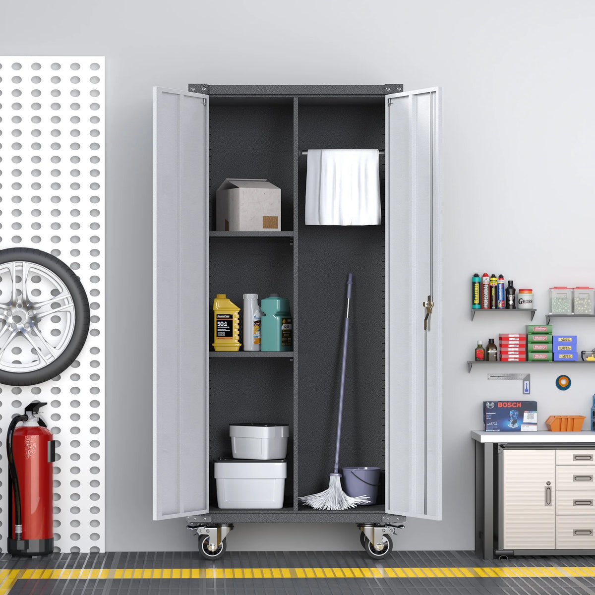 Metal Rolling Storage Cabinet with Hanging Rod P6633