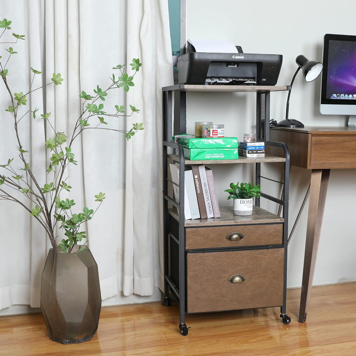 Mobile Printer Stand with File Cabinet, 3 Tier Rolling Cart with 2 Drawers Y58656