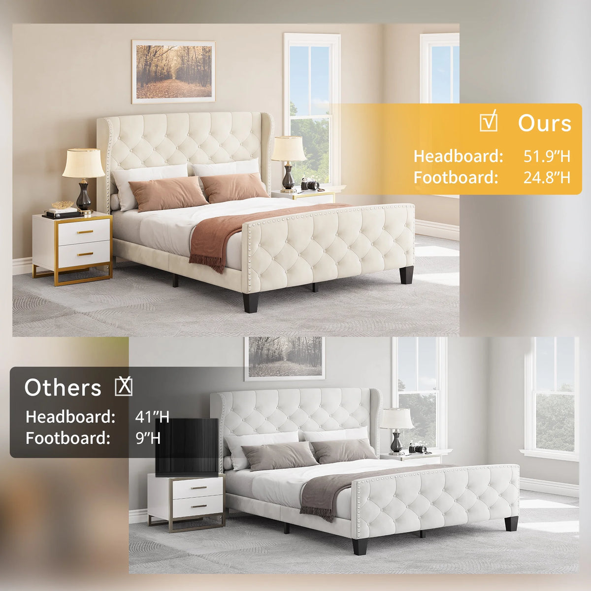 Queen Size Grey Velvet Upholstered Platform Bed Frame L575469