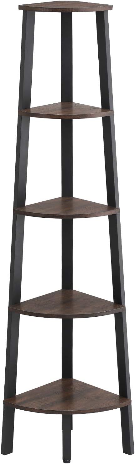 Rustic Dark Brown 5-Tier Ladder Shelf with Metal Frame D725