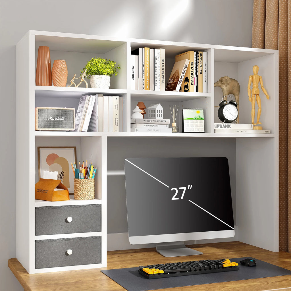 White Wood Desktop Bookshelf with 8 Shelves and 2 Drawers B58601