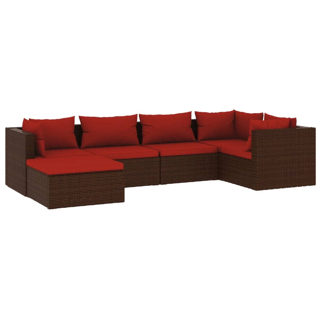 6 Piece Poly Rattan Brown Outdoor Sectional Sofa Set with Red Cushions E4929