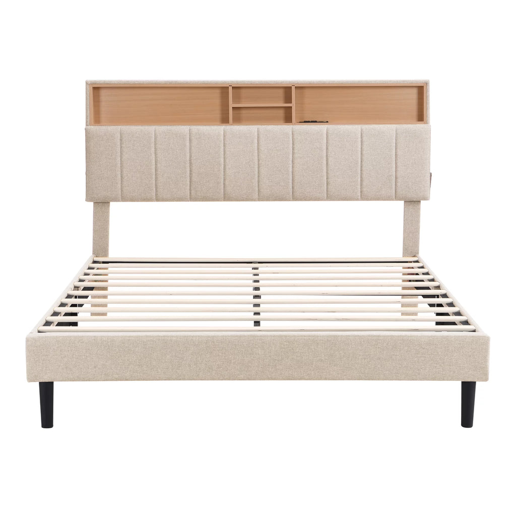 Queen Size Beige Linen Platform Bed with Storage Headboard and USB Port L12254