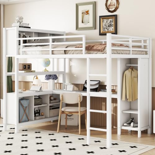 White Full Size Metal Loft Bed with Wardrobe and Desk A565146