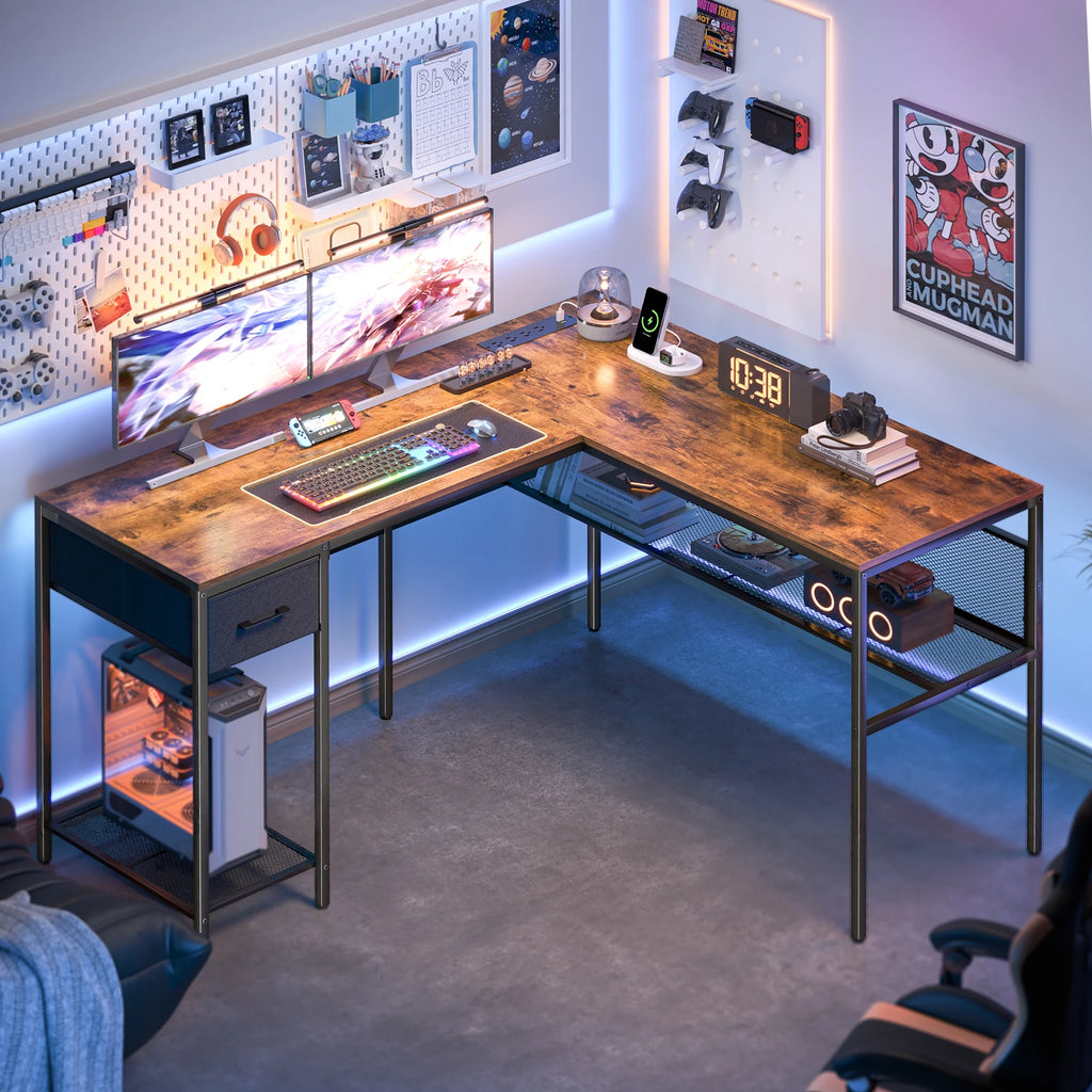 L Shaped Desk with Power Outlets and Storage Shelves R3728
