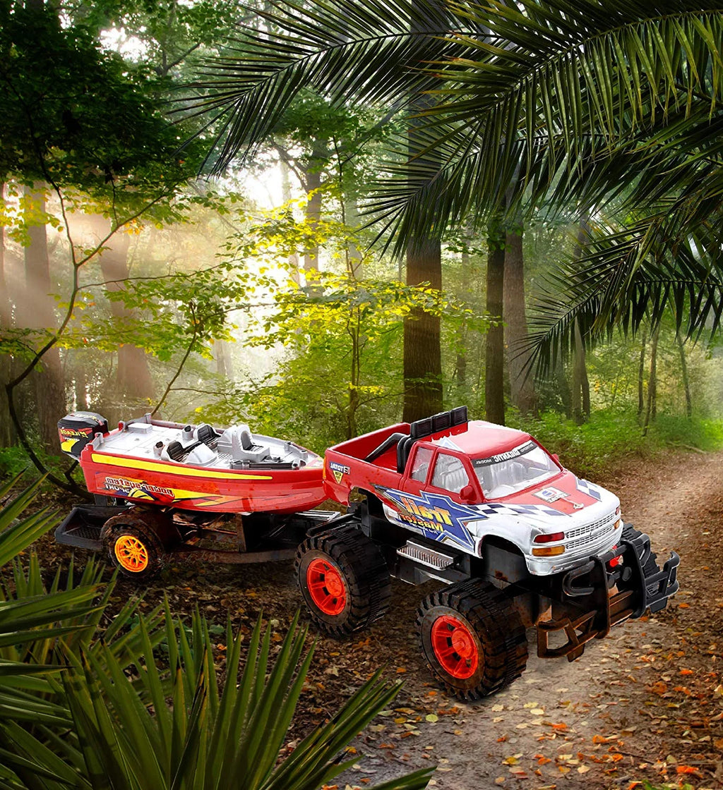 Red Black 9 Inch Truck with Detachable Trailer and 10 Inch Boat Friction Push Powered Playset Y956