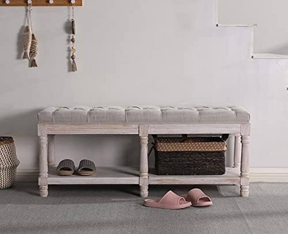 Gray Tufted Wood Entryway Bench I957093