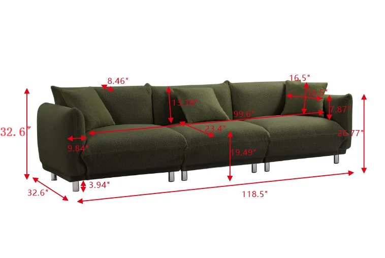 118.5 Inch Deep Seat 3-Seater Sofa with 3 Pillows L8742