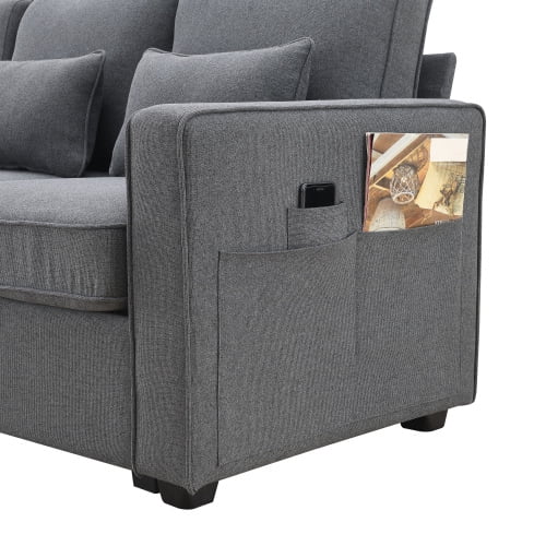 Linen Fabric Sofa with Armrest Pockets and 4 Pillows J67452