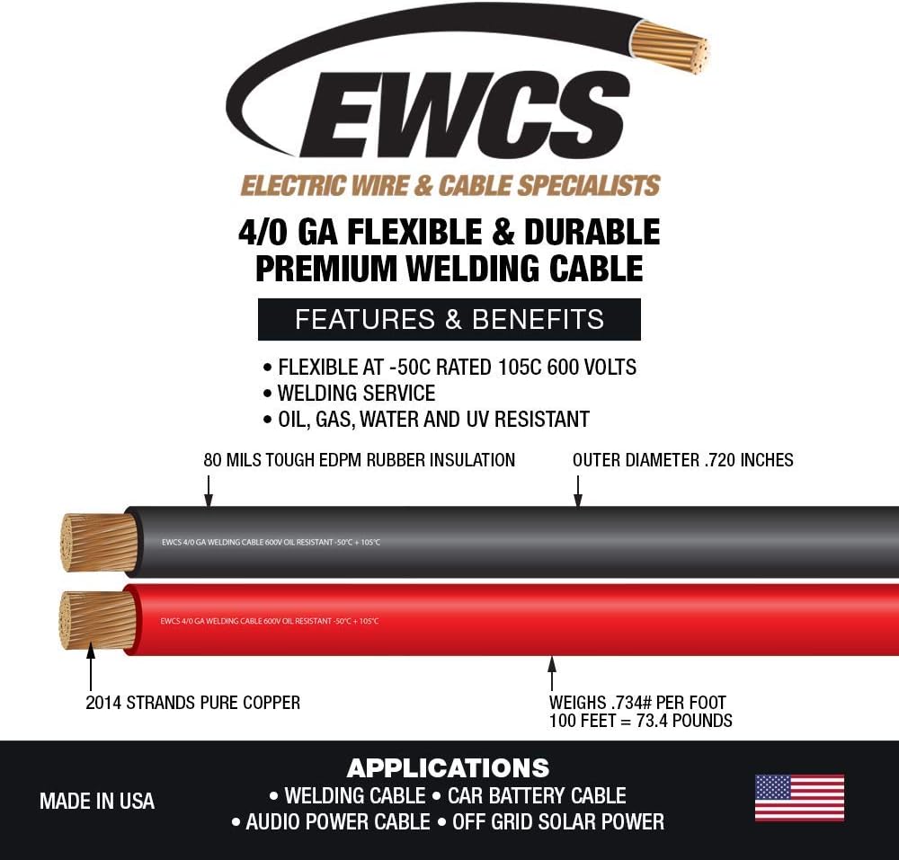 4/0 Gauge 15 Feet Black 15 Feet Red Combo 100% Copper Welding Cable 600 Volt B803
