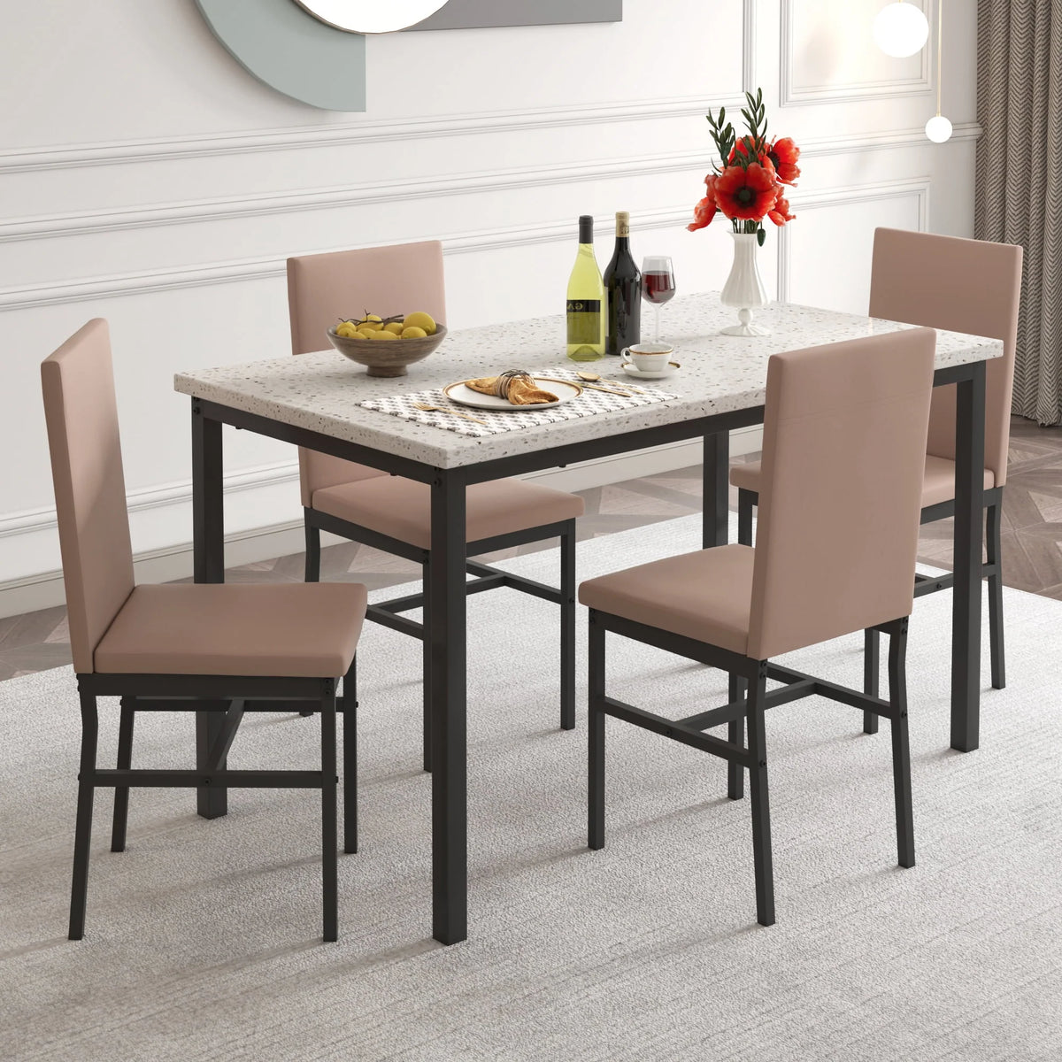 5-Piece Faux Marble Top Velvet Dining Table Set L5169