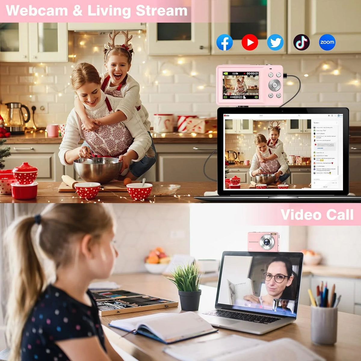 Black 1080P 44MP Kids Digital Camera with 16X Zoom W7228