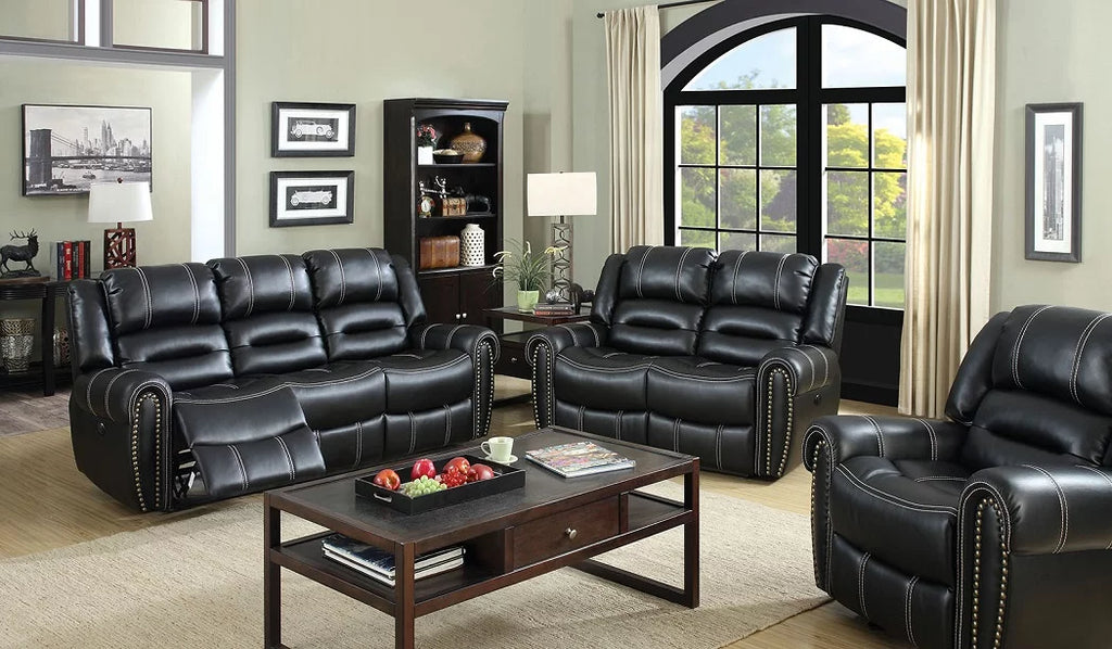 Black Leatherette Reclining Sofa and Loveseat 2pc Set F9442