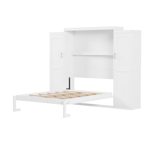 Queen Murphy Bed with 2 Wardrobes and Storage Shelf White B118469
