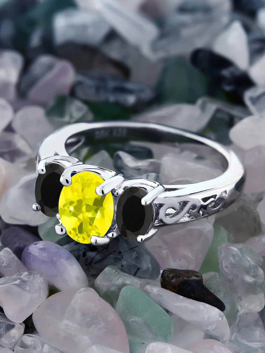 925 Sterling Silver Canary Mystic Topaz and Black Onyx 3 Stone Ring F7760