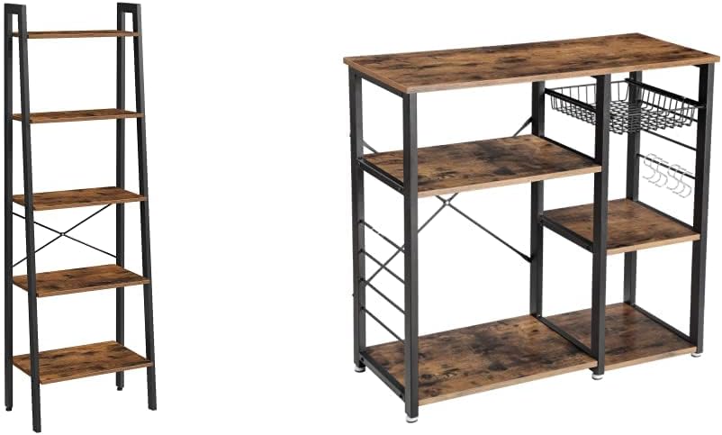 Rustic Dark Brown 5-Tier Ladder Shelf with Metal Frame D725