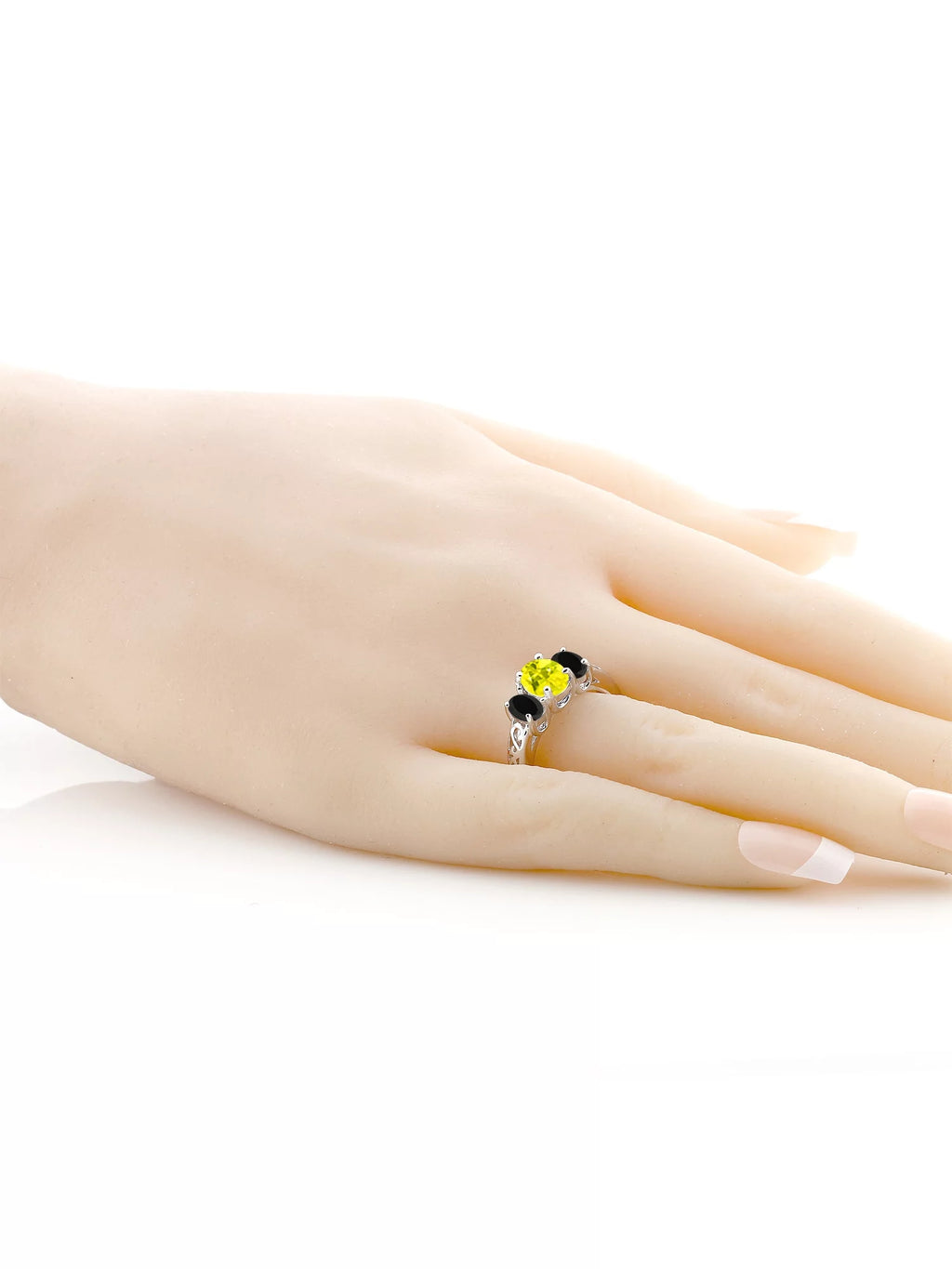 925 Sterling Silver Canary Mystic Topaz and Black Onyx 3 Stone Ring F7760