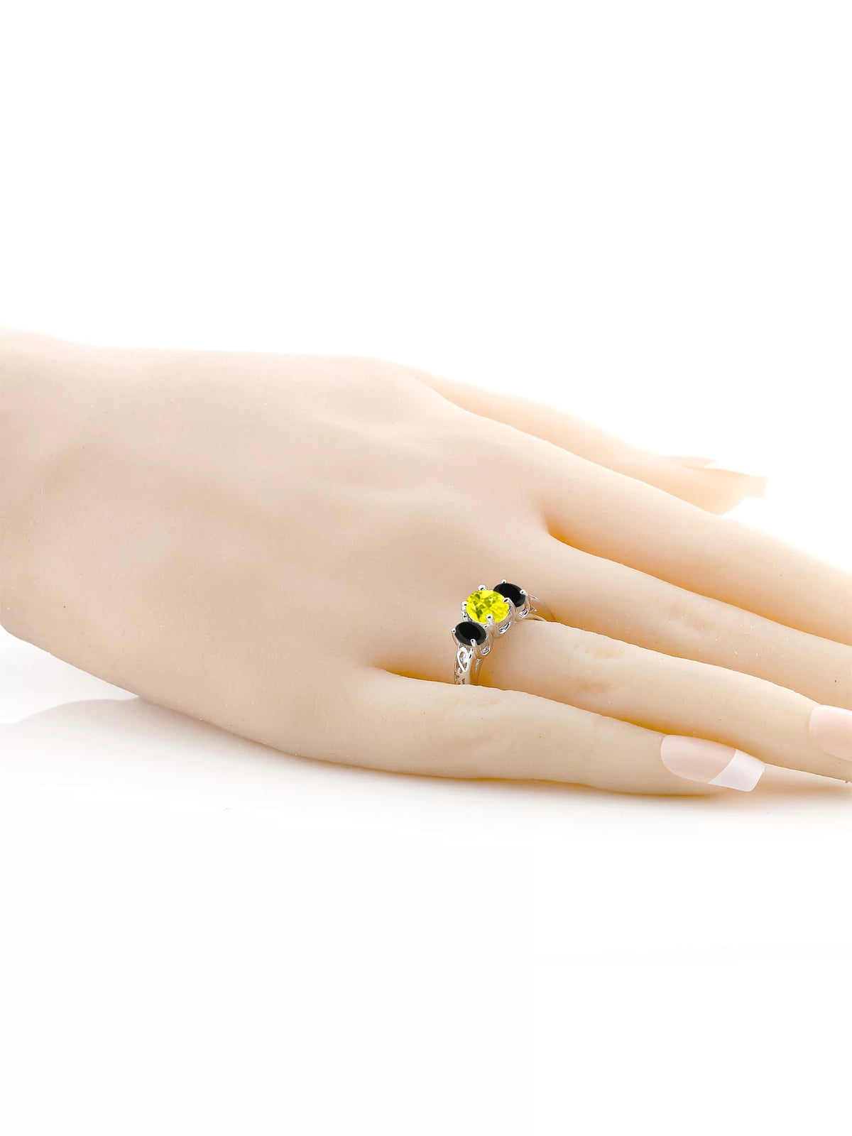 925 Sterling Silver Canary Mystic Topaz and Black Onyx 3 Stone Ring F7760