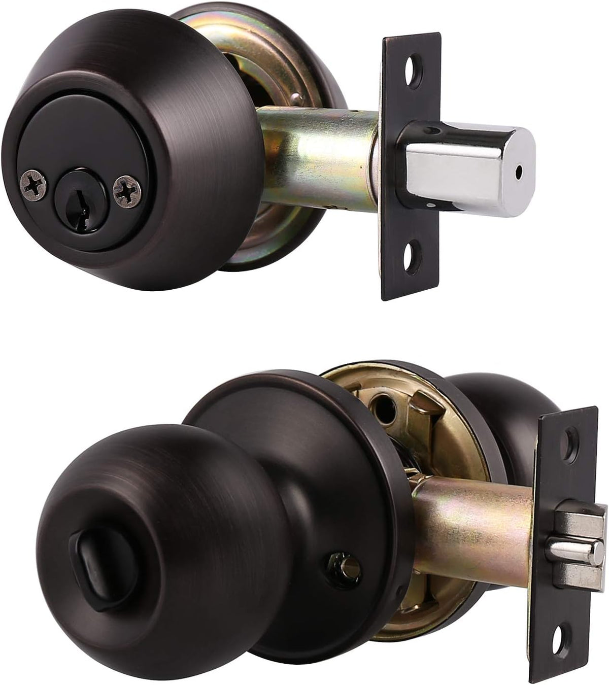 Oil Rubbed Bronze Door Knobs with Single Cylinder Deadbolts, Keyed Alike Handleset Combo Pack, Set of 3 Pack of 2 O87881