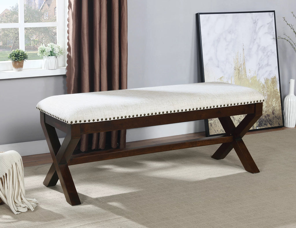Linen White Fabric Bench with Dark Walnut Base H796