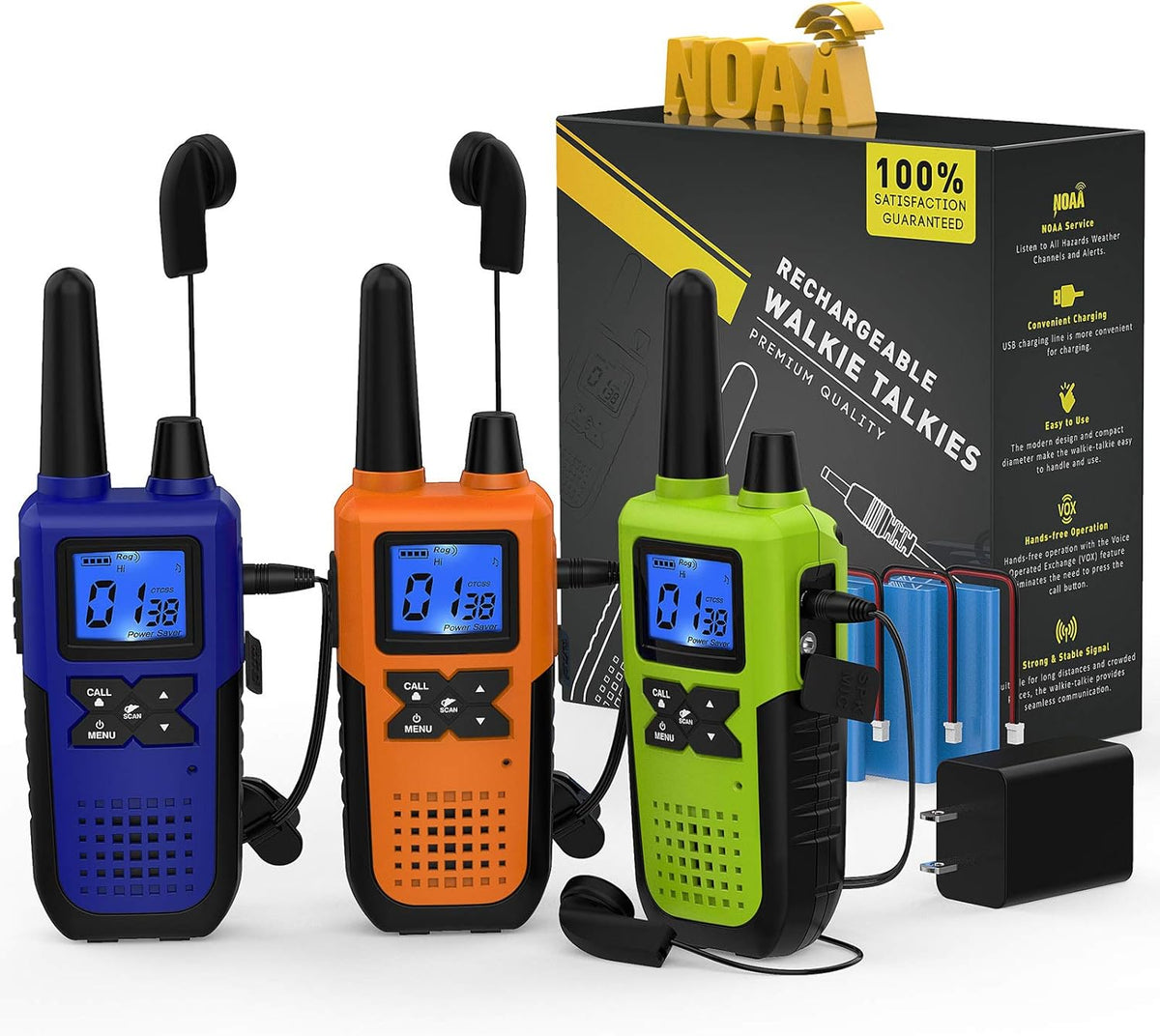 4 Pack Long Range 2 Way Radios Walkie Talkies with Earpiece and Mic USB Charger Battery Weather Alert E7485