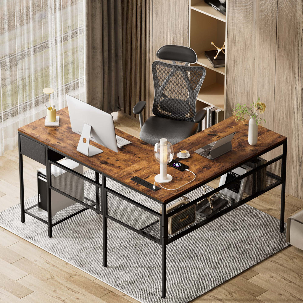 L Shaped Desk with Power Outlets and Storage Shelves R3728