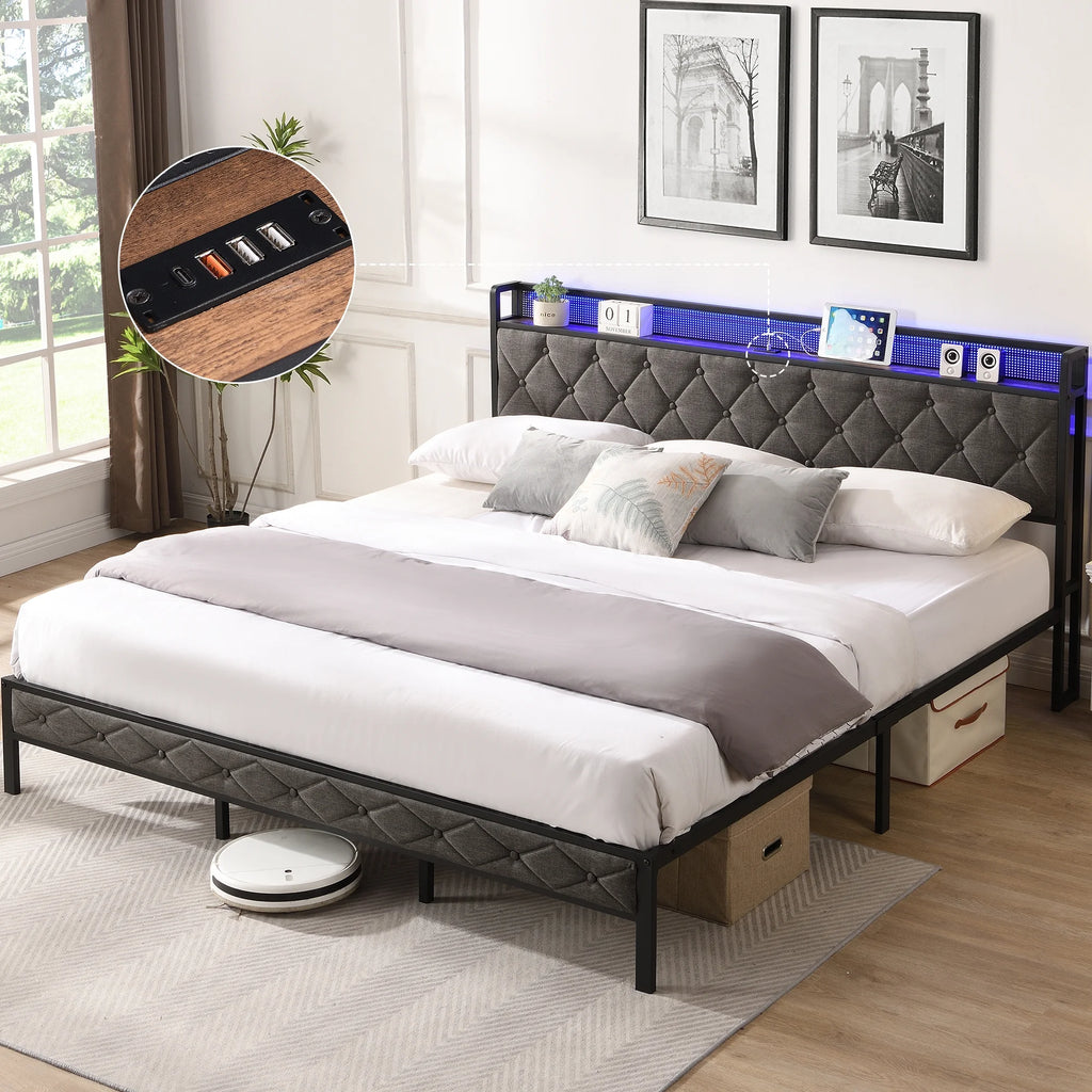 Full Size Upholstered Platform Bed with Storage Headboard S26693